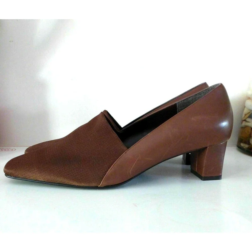 Naturalizer Women Brown Leather Fabric Heels Shoes Sz 7.5M Square Toe New